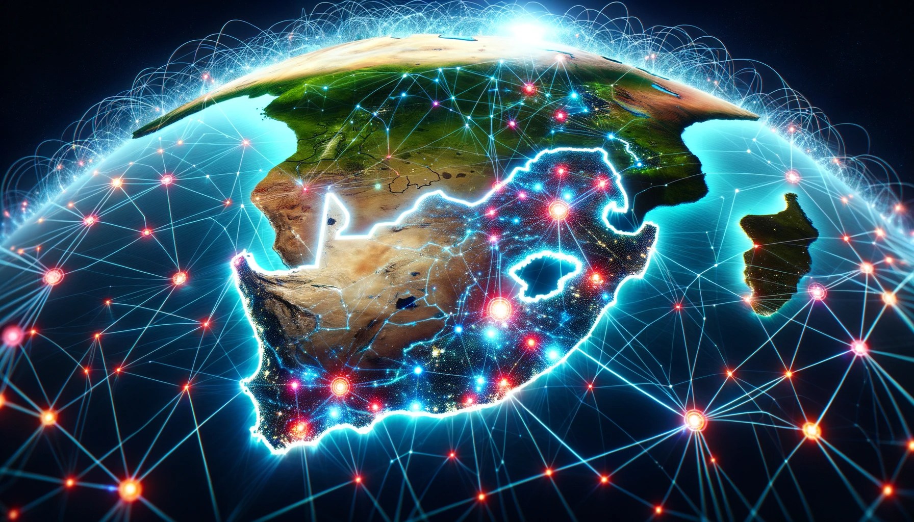 DALL·E 2023-10-14 16.06.12 - High-definition illustration of South Africa's geography with vibrant digital hotspots indicating areas with telehealth infrastructure, interconnected