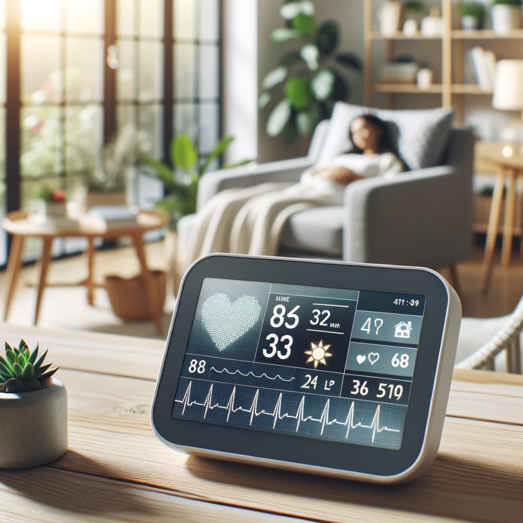 Modern RPM device displaying vital signs in a home setting