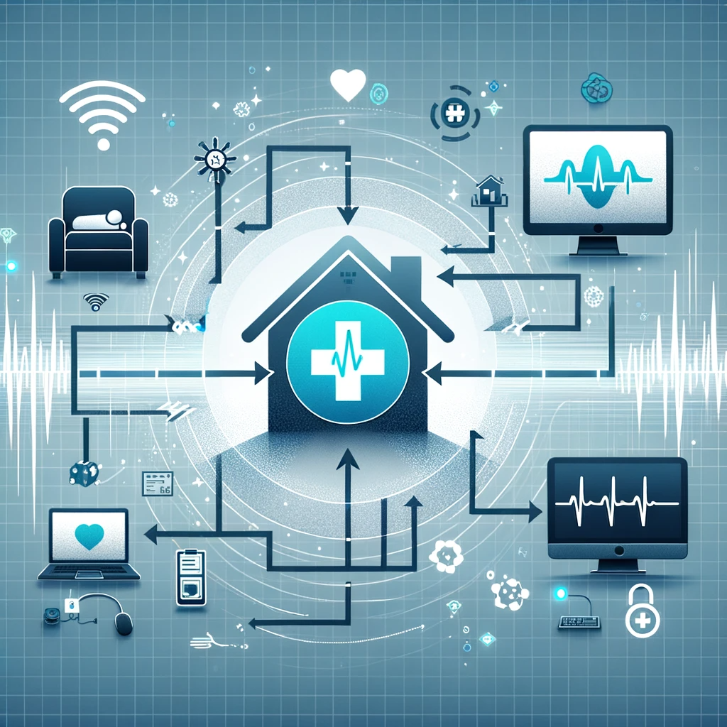 Graphical representation showing real-time data transmission from patient's home to healthcare provider's monitoring station