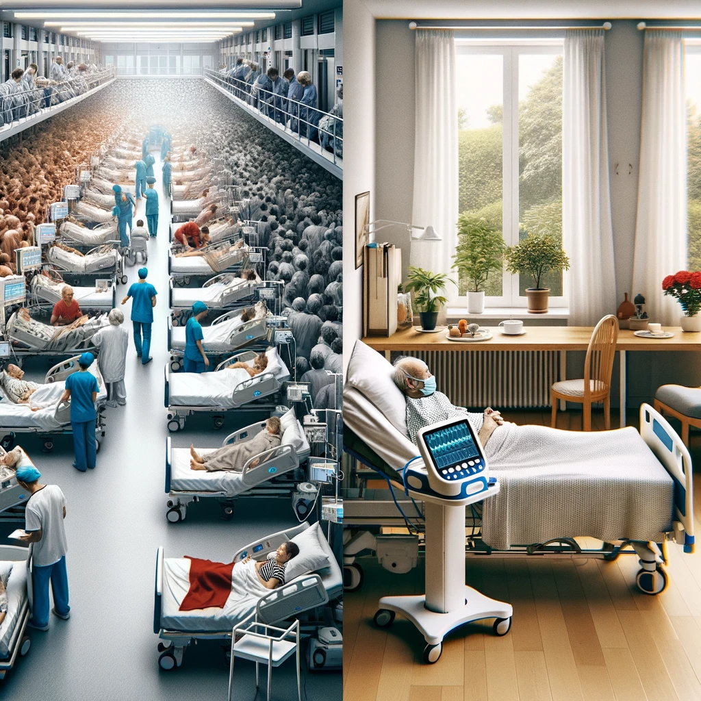 Comparison of crowded hospital ward and peaceful home-based care setting